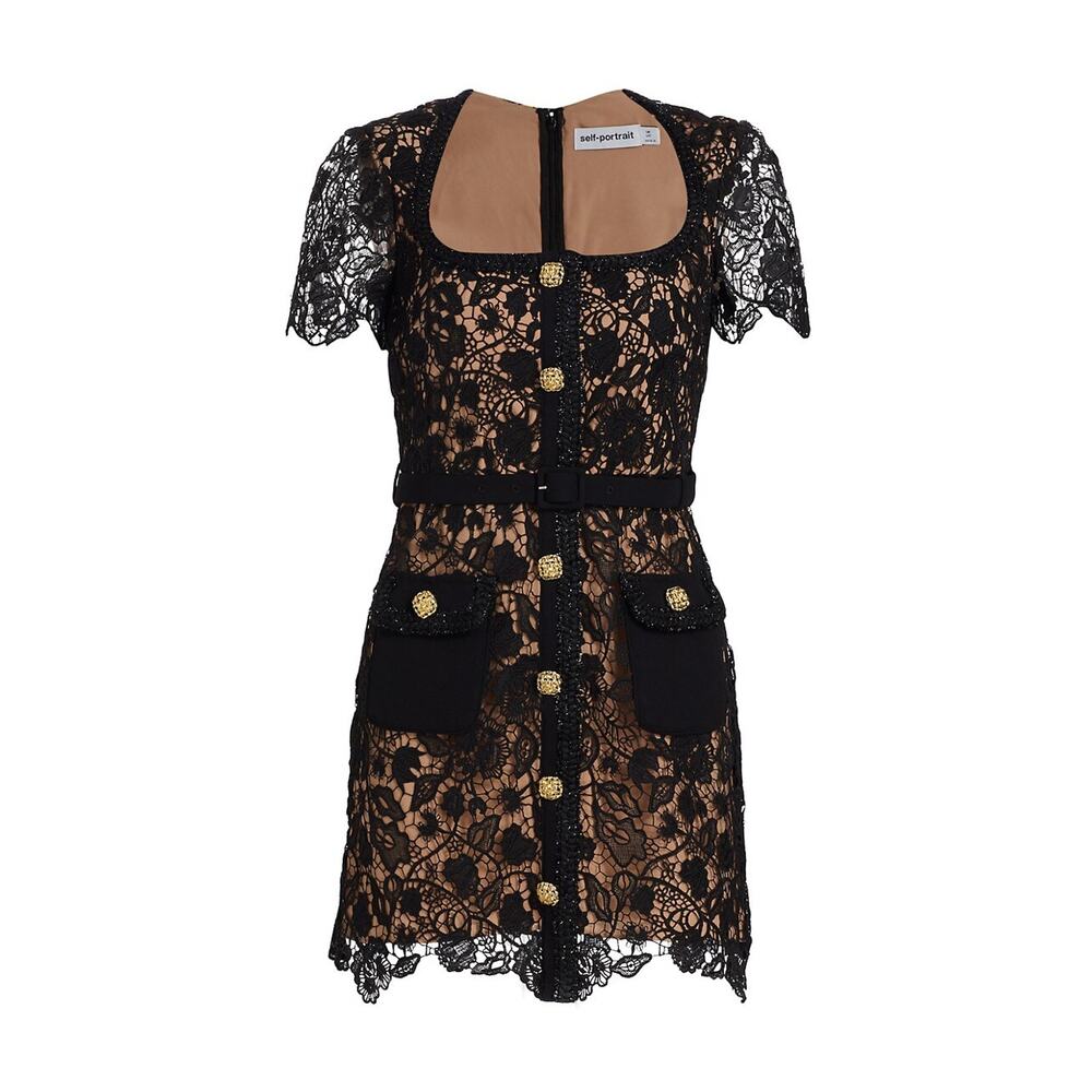 Self-Portrait Black Lace Overlay Dress with Nude Lining